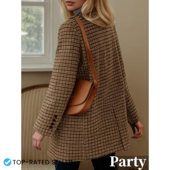 Plaid Houndstooth Wool Blazer Loose Fit Business Casual Elegant Suit Jacket - Picture 5 of 7